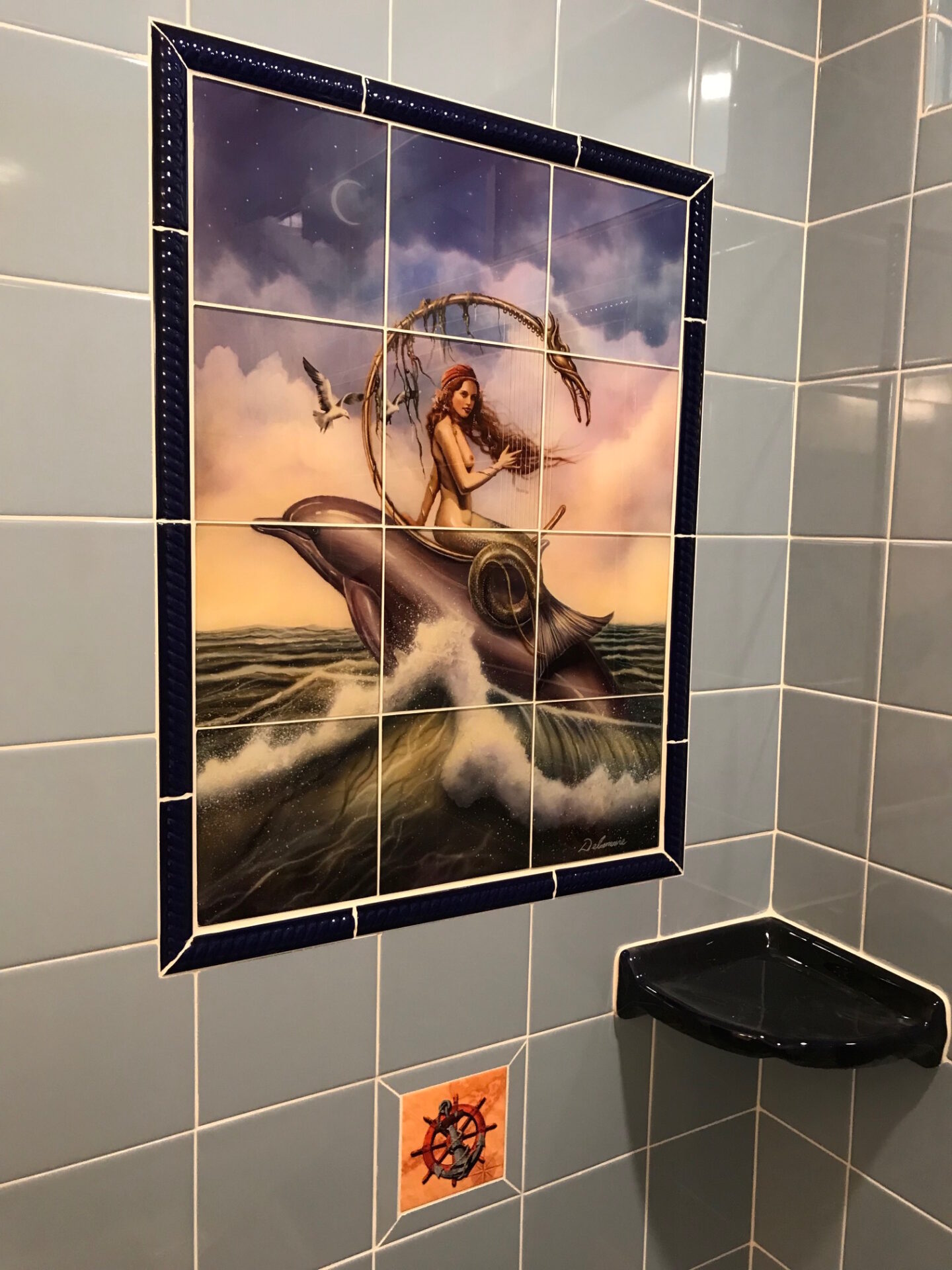 Mermaid Sitting On The Dolphin Tile - Tile Mural Creative Arts