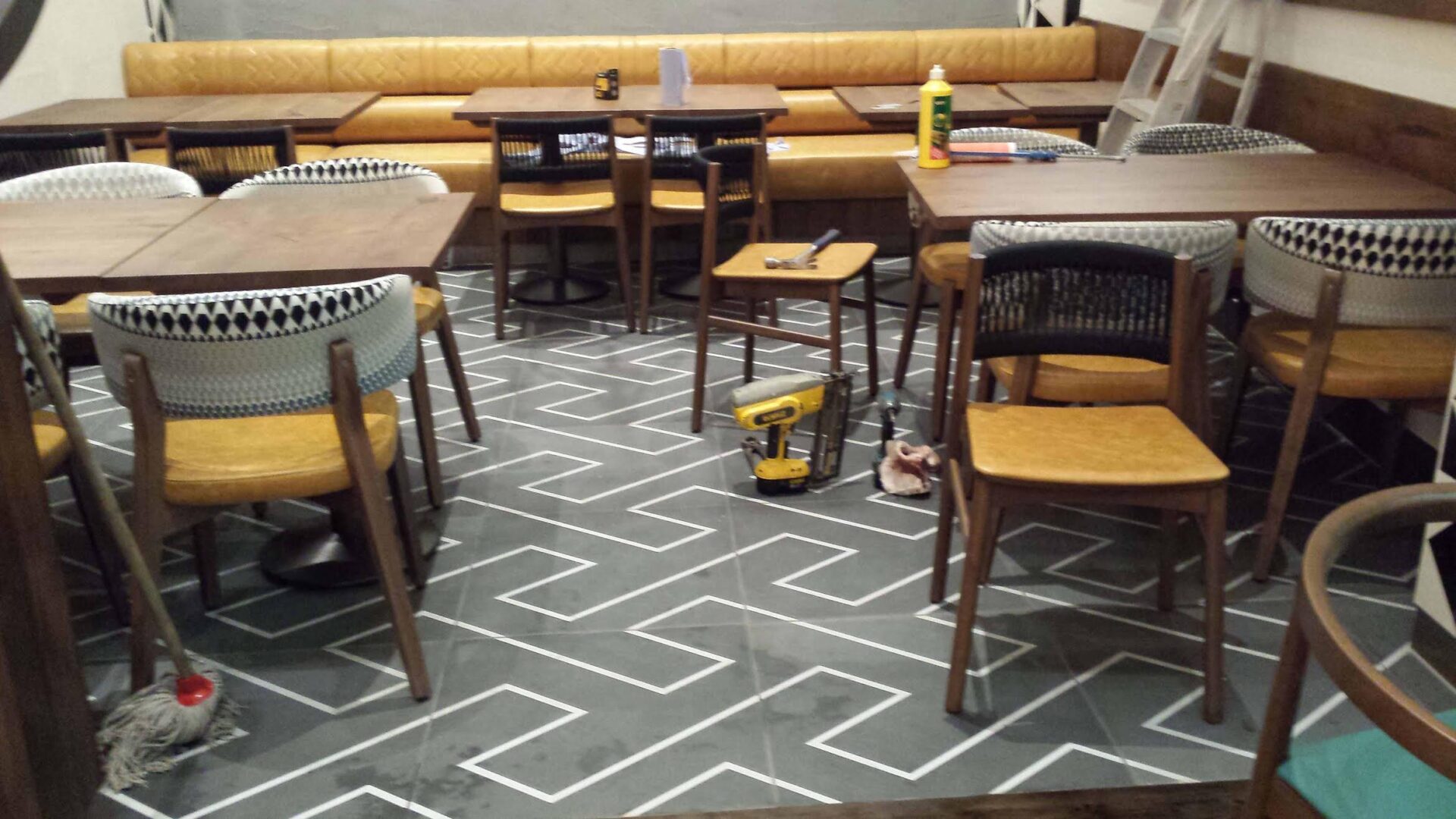 Anti Skid Restaurant Floor With Light Colored Tiles