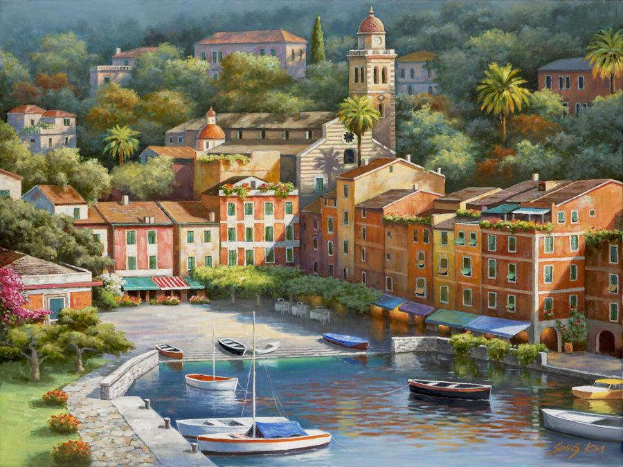 Italian Vilage Harbor By Artist Sung Kim