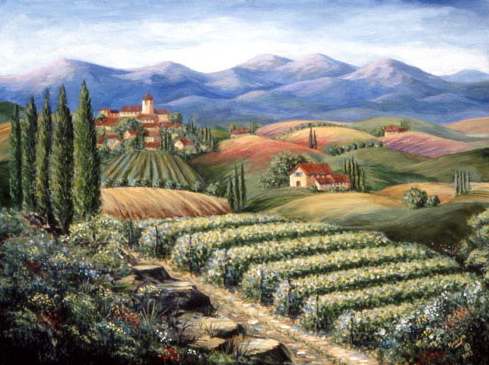 Tuscan Vineyard And Village By Marilyn Dunlap