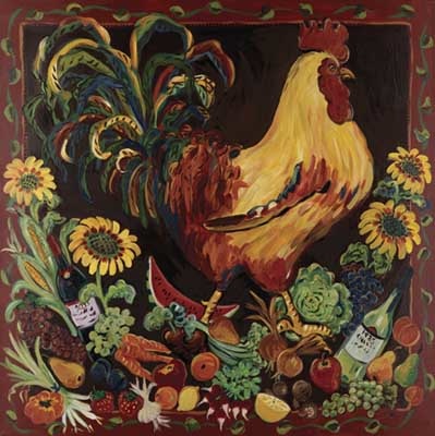 Wine And Rooster By Artist Suzanne Etienne
