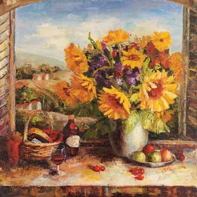 Sunflowers With Fruit And Wine II By Hong